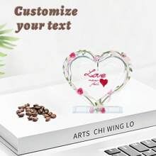 1pc Personalized Acrylic Desktop Decor, Transparent Hollow Heart & Floral Pattern, Customizable Text, Unique Commemorative Gift, Desk Decoration, For Lovers, Family, Friends