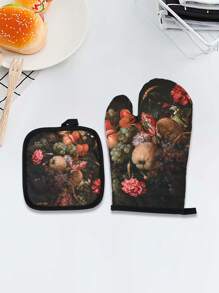 2pcs Thickened Polyester Heat Resistant Oven Gloves, Printed Oven Mitts For Kitchen Baking, Microwave Use, Non-Slip Kitchen Tools, Festive Holiday Cooking Gifts Friendly For Home And Kitchen Organization - Multicolor - View 2