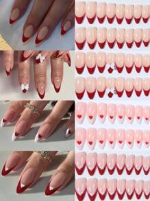 Transform Your Nails With,96pcs Almond Nail,French Bow Heart Design Press-On Nails Long Perfect Fit False Nail Set,Contains 1 Nail File 1 Jelly Glue,For Women & Girl