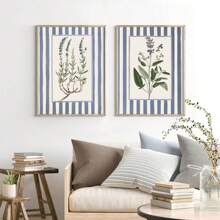 2pcs Floral Art Prints, Grandmother-Style Nancy Meyers Inspired Botanical Prints, Striped Backing, Blue-Green And Pink Striped Pattern, Frameless - Multicolor - View 7