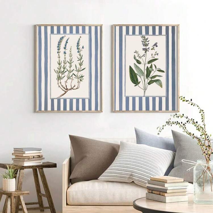 2 piezas Impresiones de arte floral, Impresiones botánicas inspiradas en el estilo de la abuela de Nancy Meyers, con respaldo a rayas, patrón a rayas azul-verde y rosa, sin marco - Multicolor - Añade 7
