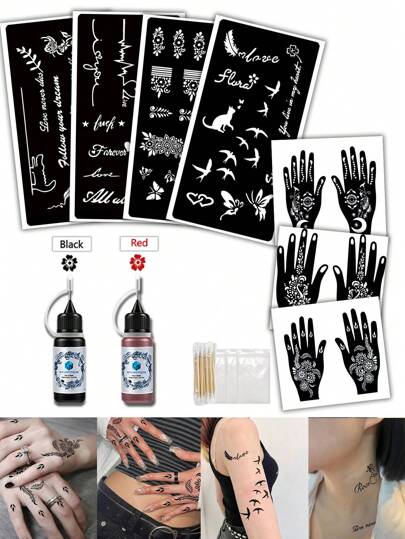 Haina Hand Drawn Tattoo Template Dye Combination Set (Tattoo Template+Natural Plant-Based Tattoo Juice Dye) With Multiple Patterns For Both Men And Women. Semi Permanent Finger Wrist, Shoulder, Neck, Collarbone, Body Art, Skin Painting, Waterproof Tattoo Template Set