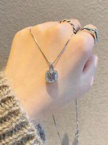 925 Sterling Silver Square Rhinestone Pendant Necklace For Women, Delicate Dainty Choker Necklace, Design, Versatile - Necklace - View 3