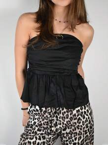 Women's Summer Slim Tube Tops Solid Color Bandeau Ruched Low Cut Peplum Tops For Party - Black - View 3