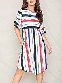 Boho Vintage Royal Blue Coral Pink Yellow Stripe  Tiered Ruffle Trim Midi  Swing Southern Dress | S-3X - Sọc đỏ - Xem 2