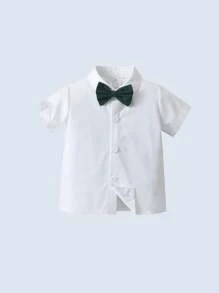 Junger Jungen Gentleman 2 Stück/set Kurzarmhemd Mit Umgedrehtem Kragen, Fliege Und Hosenträger Shorts, Perfekt Für Geburtstagsparty, Hochzeit, Show, Bankett, Usw.