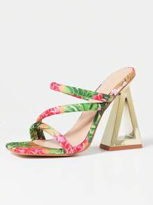 Women's High Heels Square Toe Chunky Mules Sandals Multi-Colored Pyramid Heels With Golden Decorations Glamorous Party High Heels Green - 彩色 - 查看 10