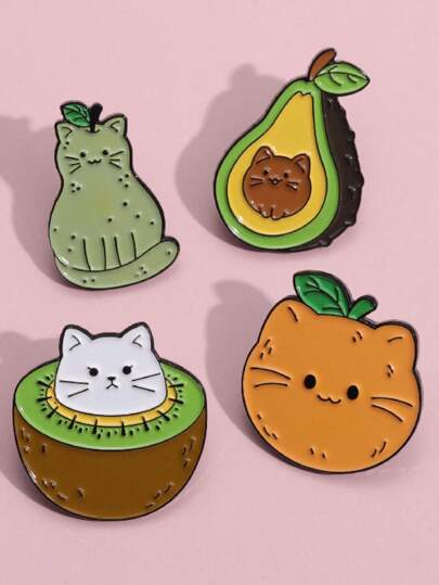 1pc Cute Cartoon Fruit & Cat Series Metal Brooch Pin, Adorable Animal & Fruit Shaped Metal Badge