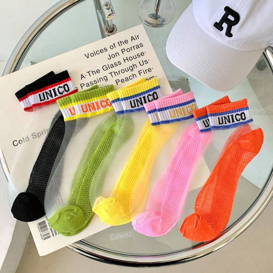 5 Pairs Girl's Short Socks, Korean Style, Thin, Crystal, Transparent Letter Print, Daily Wear