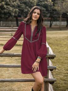 Rusttydustty Black V-Neck Long Sleeve Lightweight Dress, Exotic Vibe, Suitable For Party, Vacation, New Year, Music Festival - Burgundy - View 2
