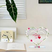 1pc Personalized Acrylic Desktop Decor, Transparent Hollow Heart & Floral Pattern, Customizable Text, Unique Commemorative Gift, Desk Decoration, For Lovers, Family, Friends
