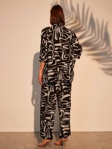 Two Pieces Set Print Vacation Black Shirt & Pants