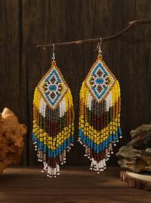 复古波西米亚风种子珠耳环，几何钻石形状，长流苏吊坠，手工编织玻璃珠，适合女性日常、度假、休闲装、派对首饰