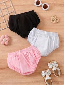 3 piezas Short de bebé de unicolor cómodo, bombacho informal con cintura elástica, pantalón corto para niña bebé y niña pequeña para el verano