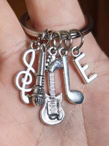 26 个字母音符吉他麦克风吊坠钥匙扣，创意珠宝礼物 - 復古銀色 - 查看 25