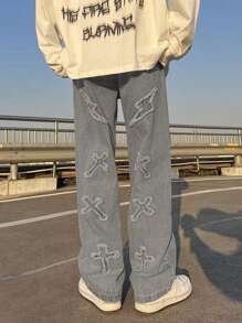 Men's Distressed Lightning Embroidered Grey Denim Jeans