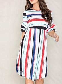Boho Vintage Royal Blue Coral Pink Yellow Stripe  Tiered Ruffle Trim Midi  Swing Southern Dress | S-3X - Sọc đỏ - Xem 4