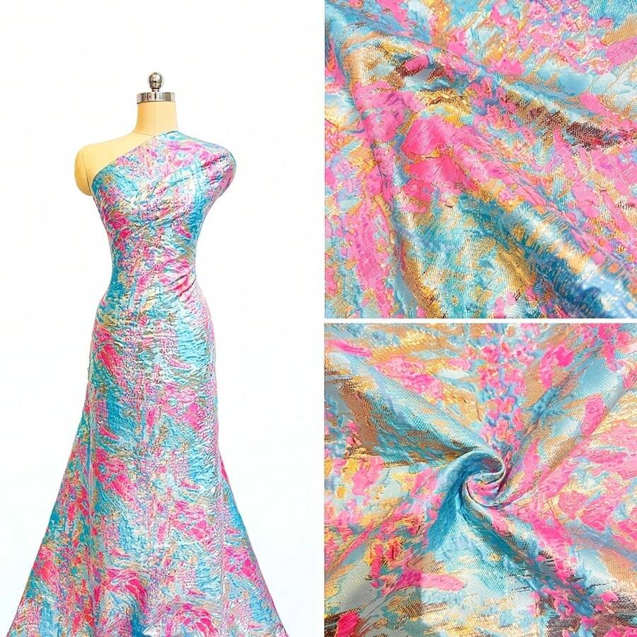 5 码奢华法式提花蕾丝面料 - 鲜艳的粉色、蓝色和金色波尔卡圆点设计，适合优雅的非洲连衣裙、丹麦礼服和派对礼服，仅可手洗