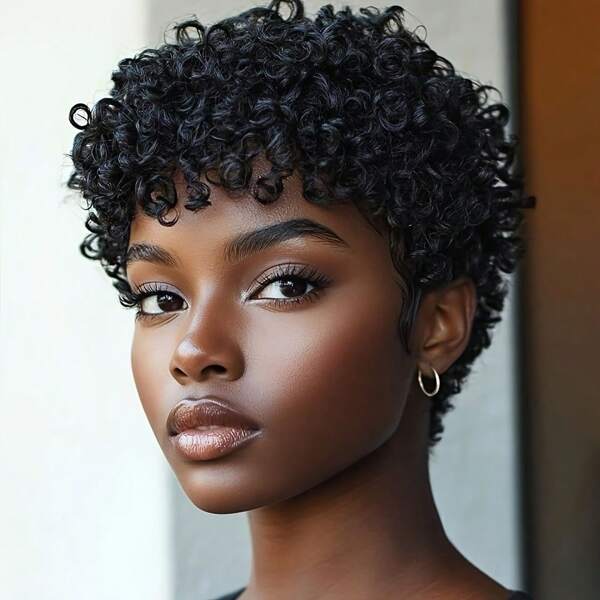Glueless Cut Wig Human Hair For Women -Short Water Wave Curly With Bangs Pre Plucked Brazilian Remy Real Human Hair, Easy To Wear Wig Full Machine Made Short Cut Wig