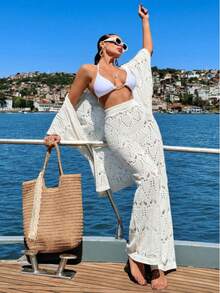 Conjunto de pantalones de punto para vacaciones en la playa con cubrecosturas de manga 3/4 (traje de baño no incluido) - Blanco - Ver 4