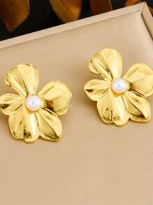 1 Set Antique Gold Plated Asymmetrical Flower Pearl Decor Stainless Steel Earrings & Necklace Jewelry Set - Flowers - View 3