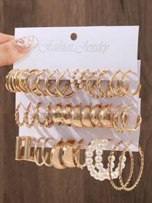 Set de 36-12 piezas de pendientes de aro con aleación y perlas falsas vintage para mujeres, estilo clásico de encaje abierto y versátil para uso diario - Dorado - Ver 3