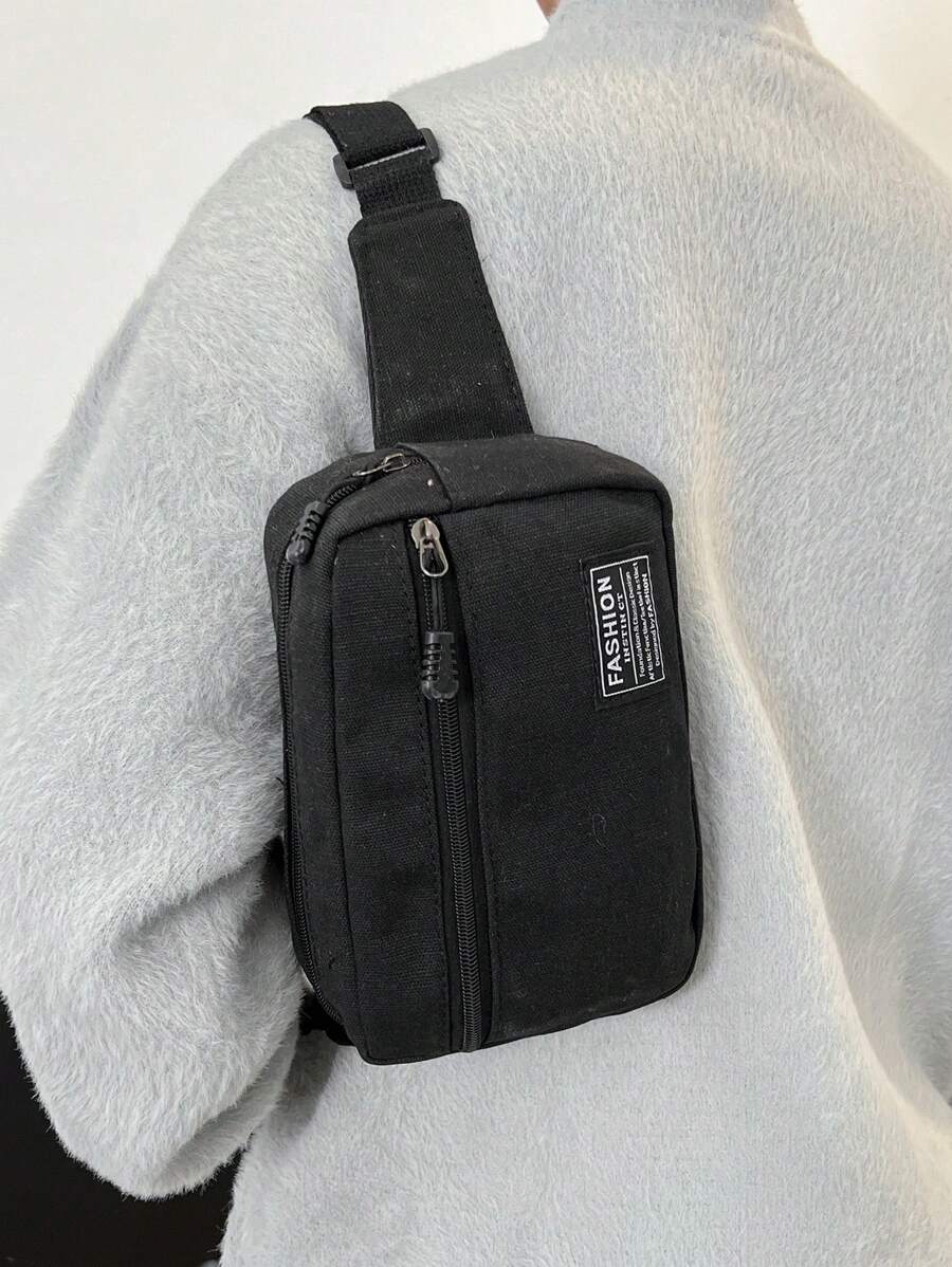 男士纯色帆布时尚百搭运动休闲胸包/手机包/零钱包 - 黑色 - 查看 1