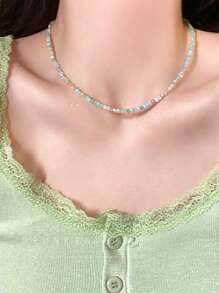 1 Set Mint Green Beaded Layered Necklace, Summer Collarbone Chain Beach Accessory - Multicolor - View 4