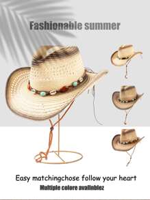 1 pieza Sombrero de paja tipo Panamá casual y bohemio con bloques de color, protección UV y a prueba de viento, versátil para hombres y mujeres, para todas las estaciones