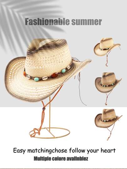 1 pieza Sombrero estilo Panamá de paja con protección UV, decoración de cuentas estilo bohemio, a prueba de viento, de uso casual versátil para mujer, para todas las estaciones