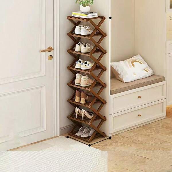 1pc Modern Minimalist Bamboo Foldable Shoe Rack, Tool-Free Installation, Balcony Plant Shelf Storage Organizer