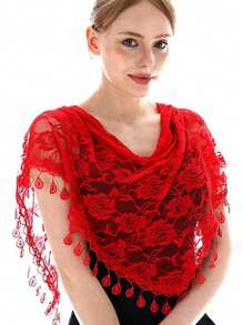 1pc Women Flower Jacquard Lace Fringe Triangle Scarf/Bandana, Suitable For Casual Wear, Outdoor, Home, Gift - Flowers - View 3