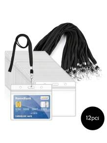 ﻿ 1/10/12pcs Clear Plastic Horizontal Name Tags Badge ID Card Holders And 30Pcs Black Flat Neck Lanyards With Swivel Hook,School Supplies,Back To School