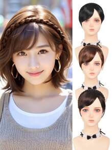 Peluca con diadema con trenza de tres mechones y flequillo lateral, cabello sintético liso para mujeres