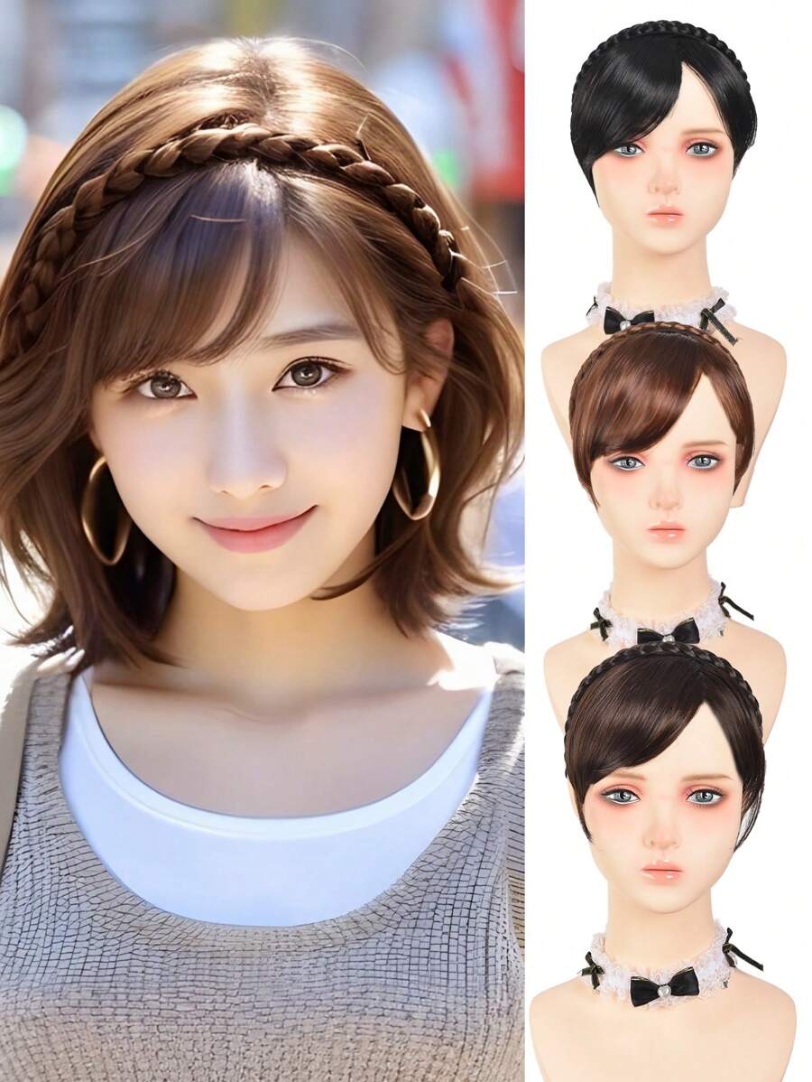Peluca con diadema con trenza de tres mechones y flequillo lateral, cabello sintético liso para mujeres