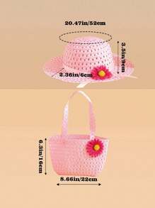 2pcs/Set Girls Flower Bucket Hat & Flower Bag, Suitable For Girls Spring And Summer Outings, Vacation Matching, Everyday Wear, Sun Protection - Pink - View 3
