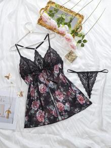2pcs Set Lace Sling Sheer Sexy Print Dress + G-String, Seductive Lingerie - Black - View 2