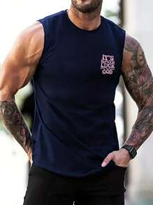 Men's Casual Letter And Heart Print Round Neck Tank Top - Navy Blue - View 2