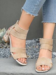 Sandales décontractées à talons mi-hauts brodées pour femmes, sandales d'été polyvalentes à talon épais, élégantes et rétro, à bout ouvert, avec une fermeture éclair à l'arrière