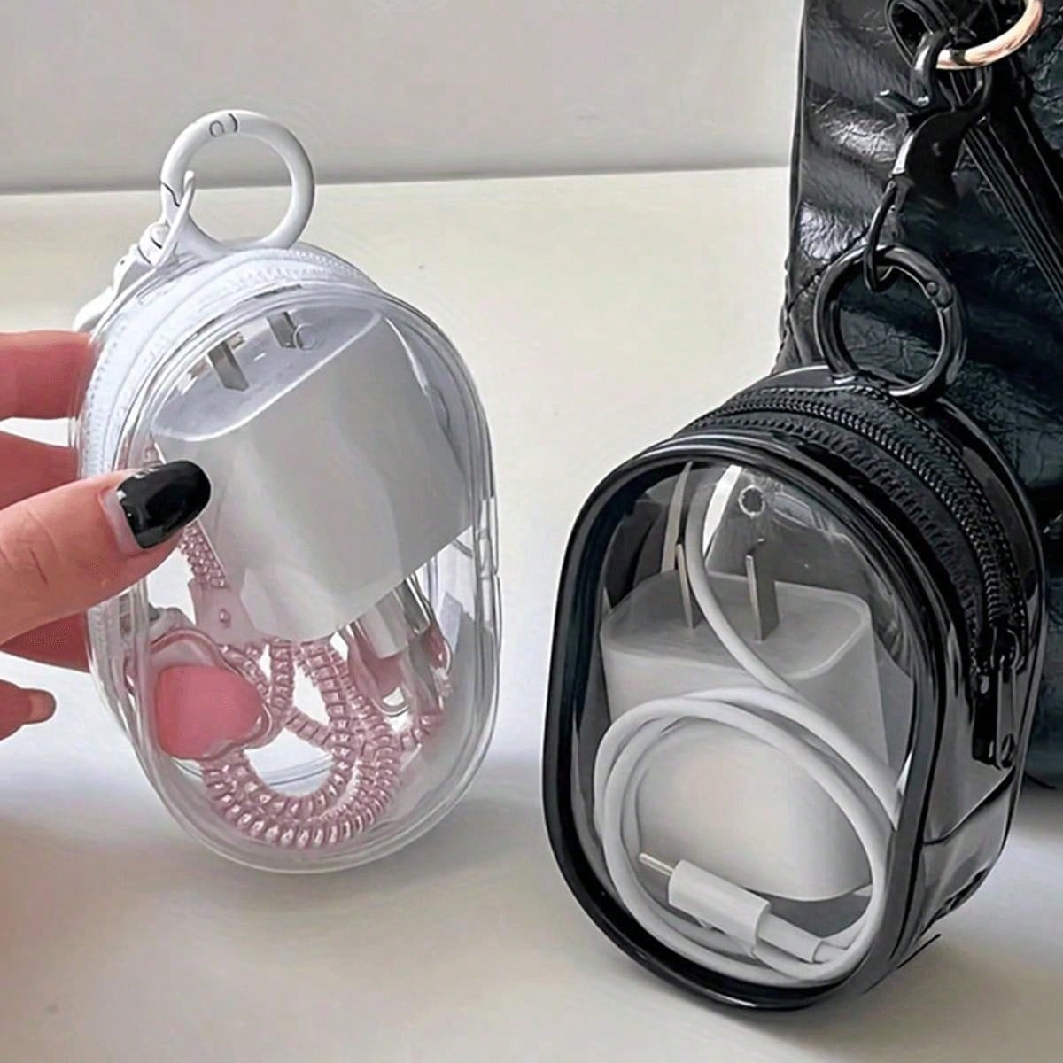 1/2pcs Transparent Zipper Data Cable Storage Bag, Portable Mini Transparent Doll Display Bag, Compact Multifunctional Storage Pouch, Earphone And Charger Storage Box With Keychain, Black And White Available, Exquisite And Compact, Suitable For Storing Small Items, Bracelet Bag, Cosmetic Bag, Cute Bag Pendant, Charm Backpack Accessory, Car Key Chain, Travel Essential, Travel Accessory, School Accessory, Back To School Essential, Travel Must-Have