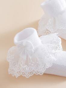 1 par de calcetines de volantes estilo princesa con lazo de encaje para niñas bebé, para primavera/verano - Blanco - Ver 5