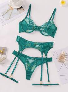 Conjunto de lingerie sexy com aro fofo push up com tiras bordadas e malha transparente sutiã calcinha transparente