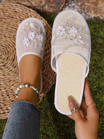 2026新款手工串珠拖鞋，适合室内外穿着，网布材质