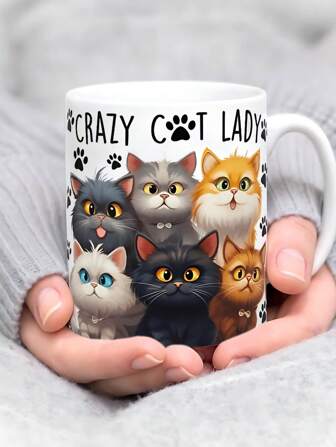 1PC11 Oz Ceramic Coffee Cup - Hand Washable Only, Bisphenol A Free, Insulated, Reusable, Cute Cat Printed Coffee Cup, Suitable For Multiple Uses - Perfect Gift For Cat Enthusiasts On Christmas, Thanksgiving, Valentine's Day, Father's Day, And Mother's Day, Ideal For Juice, Milk, Coffee - Perfect Birthday And Holiday Gift For Family, Gift For Him, Funny Mug