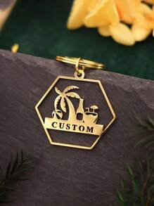 1pc Summer Beach Coconut Palm Key Chain, Customized Name Keychain, Stainless Steel Pendant Keyring For Women Men Car Handbag Jewelry DIY Gifts