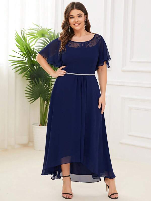 EVER-PRETTY Plus Size Women Elegant Lace Patchwork Chiffon Ruffle Sleeve Bridesmaid Dress