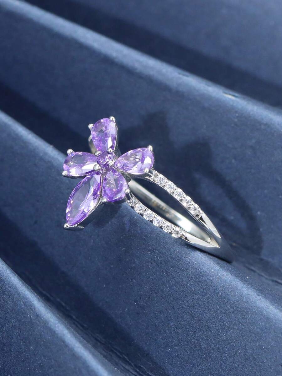 花卉形紫色宝石方晶锆石戒指，简约花卉戒指 S925 戒指，女士订婚承诺结婚戒指 - 花 - 查看 1