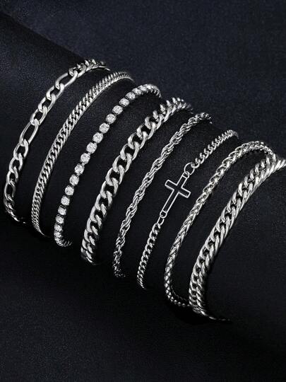 4-15pcs Stainless Steel Cross Chain Bracelet Set For Men, Casual Everyday Wear, Birthday & Christmas Gift