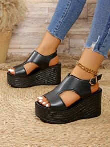 Sandali con zeppa e plateau aperti da donna, nuovi per la primavera/estate 2025, versatili, casual e comodi, stile vacanziero, con tacco alto nero, adatti per festa e spiaggia