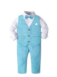 Bộ vest 4 món cho bé trai, kiểu dáng ôm sát, trang phục lịch sự bao gồm áo sơ mi trắng, áo vest trơn, nơ bướm và quần tây, thích hợp cho mùa xuân/thu, phong cách quý ông, phù hợp cho trẻ em dự tiệc cưới, lễ hội và các dịp lễ khác. - Màu xanh lam - Xem 3